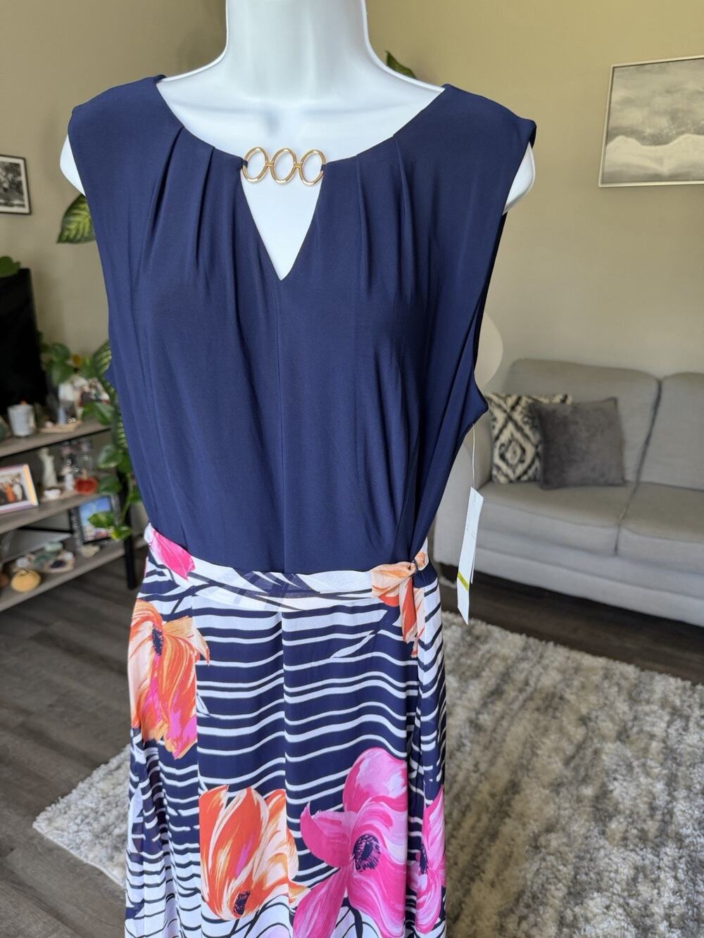 R & K Maxi Dress Womens size 14 Navy Floral Stripe long flowy Gold accents #1064